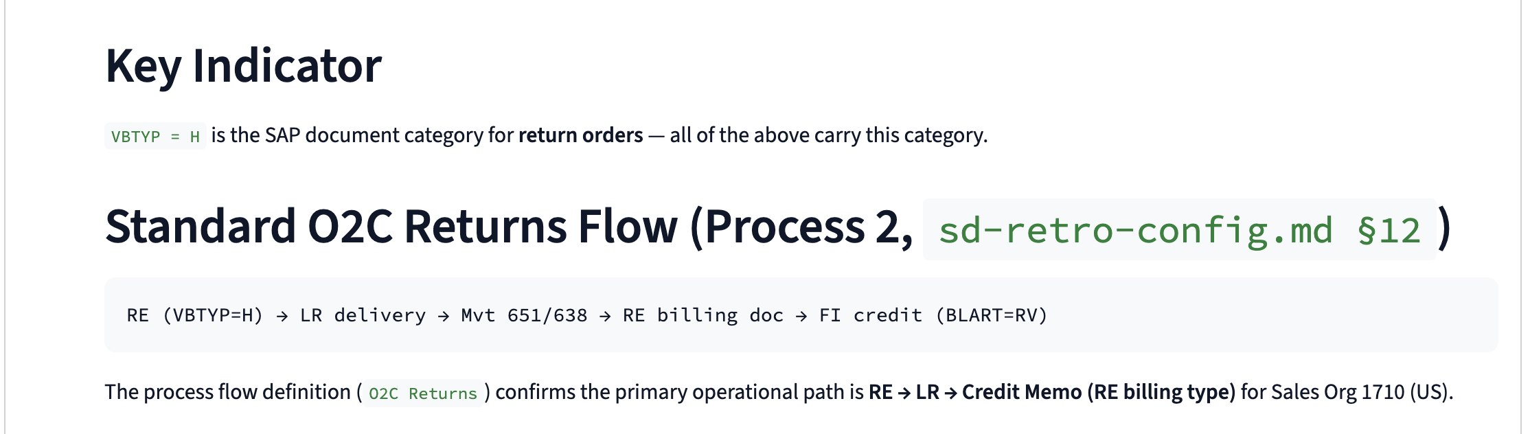 Chat โ answer detail with standard O2C Returns flow and source reference