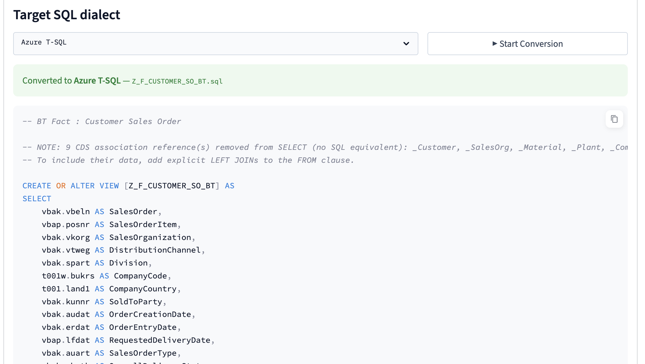 SQL Manager — Converted SQL Output